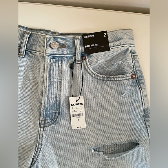 Express Light Jean Denim Super High Rise Distressed Cotton Mom Shorts Women’s 2 - Picture 7 of 13